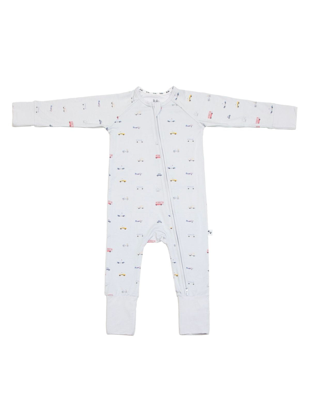 Little Ride print bamboo baby sleepsuit with two-way zip