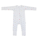 Little Ride print bamboo baby sleepsuit with two-way zip