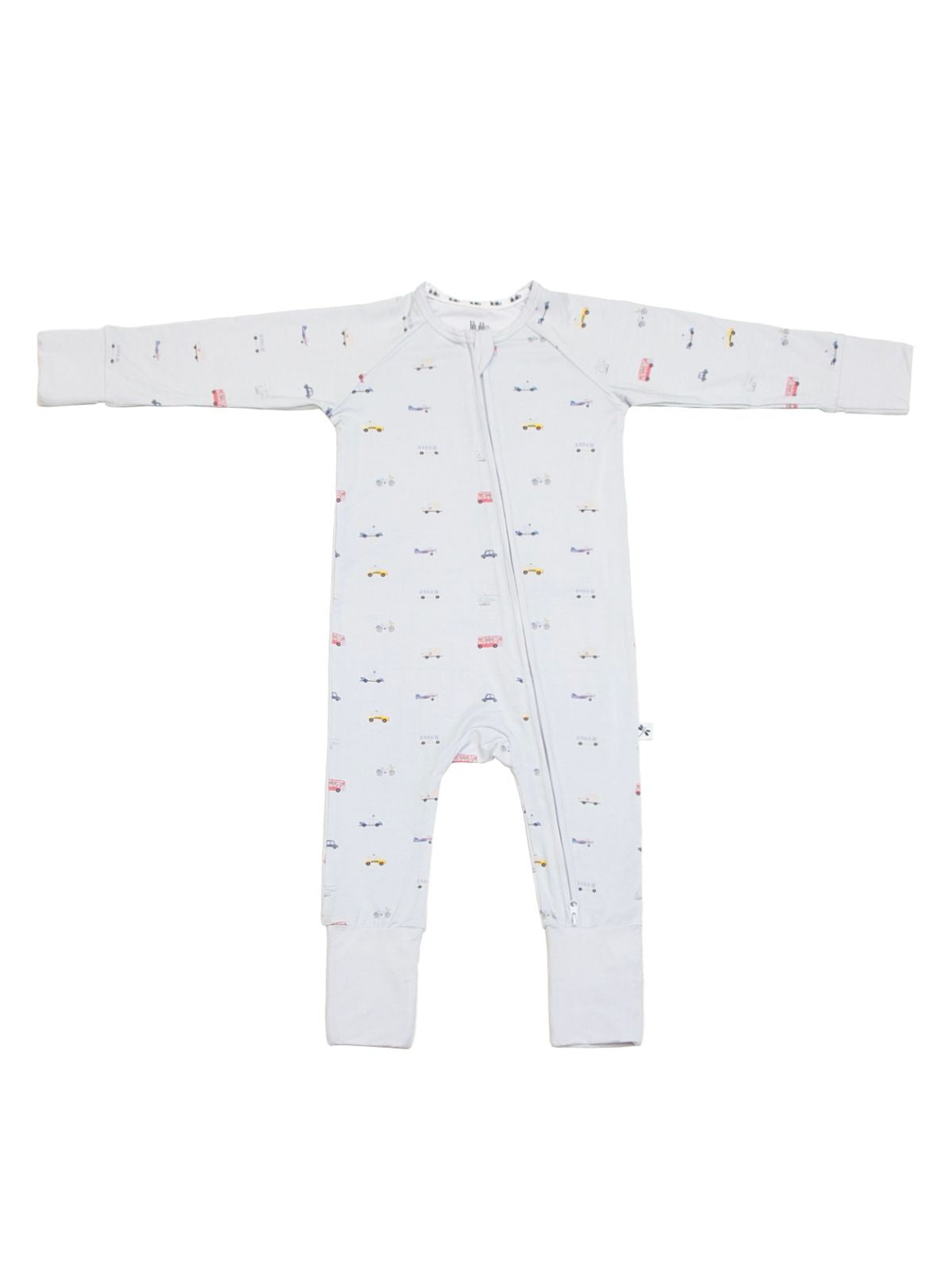 Little Ride print bamboo baby sleepsuit with two-way zip