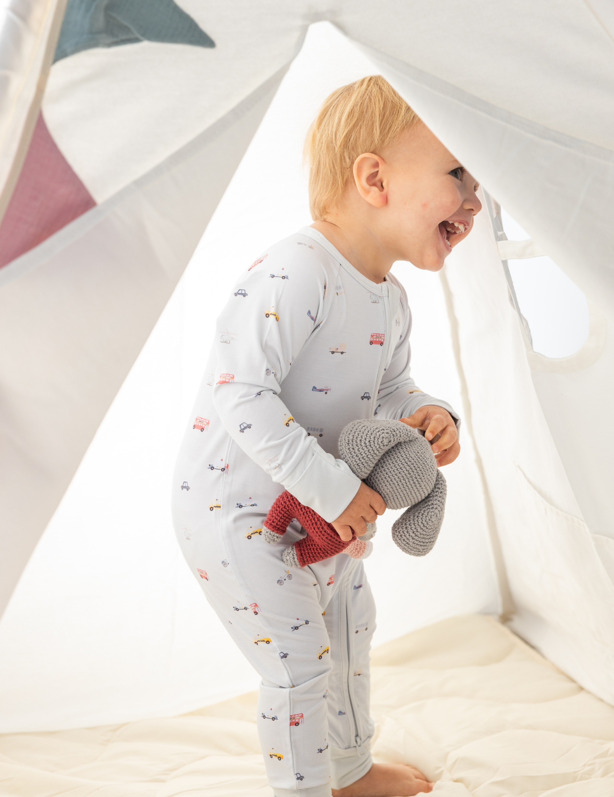 Little Ride print bamboo baby zippy romper with two-way zip