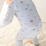 Little Ride print bamboo baby sleepsuit with two-way zip