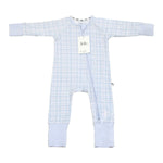 Blue vichy gingham bamboo baby sleepsuit with two-way zip