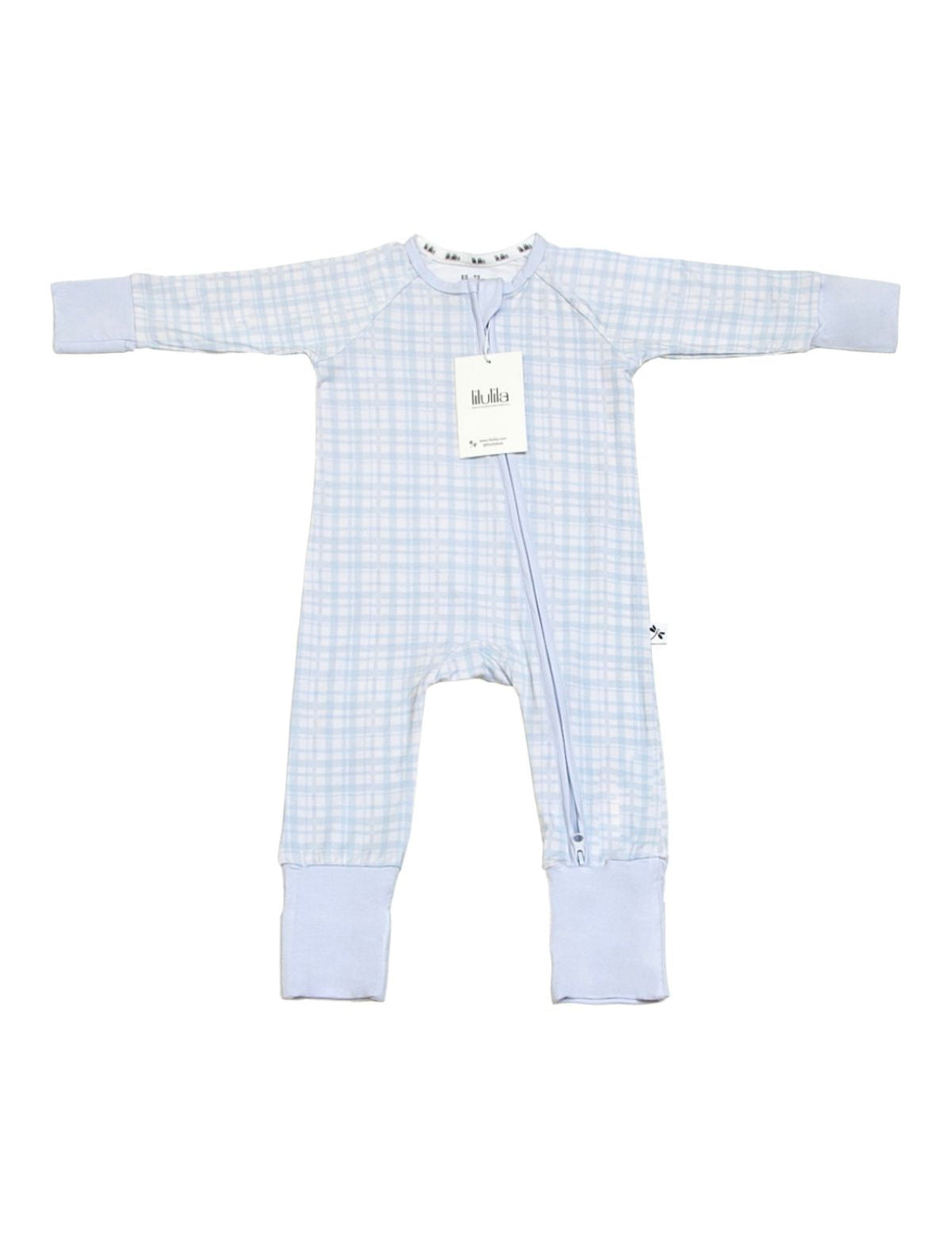 Blue vichy gingham bamboo baby sleepsuit with two-way zip