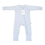 Blue vichy gingham bamboo baby sleepsuit with two-way zip