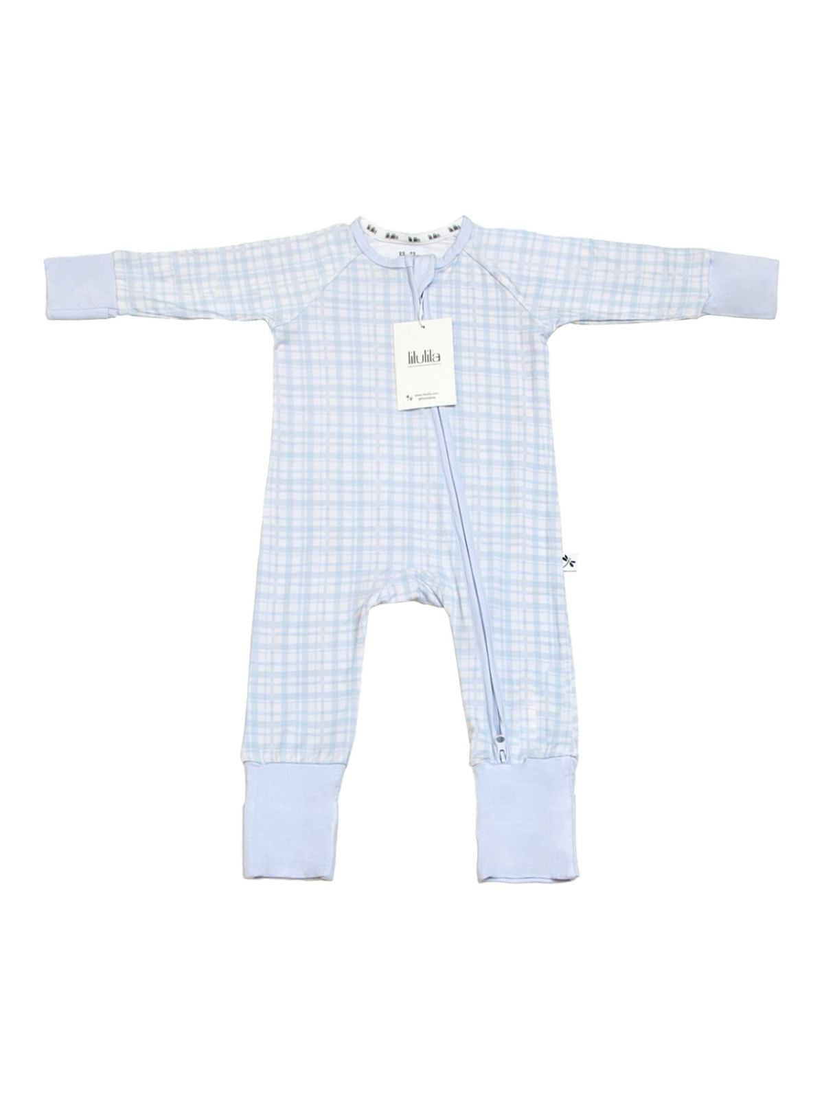 Blue vichy gingham bamboo baby sleepsuit with two-way zip