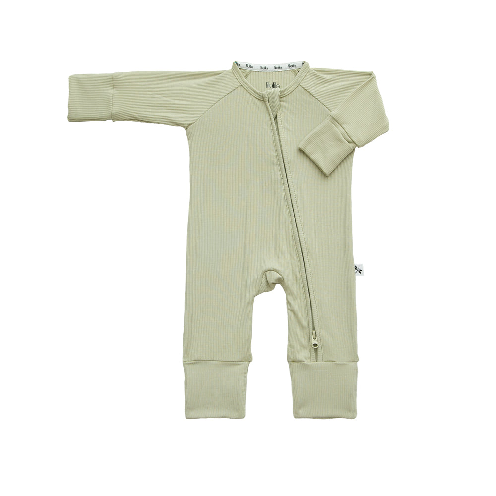 Olive green ribbed bamboo baby zippy romper with two-way zip