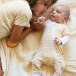 Yellow stripes bamboo baby sleepsuit with two-way zip