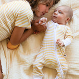 Yellow stripes bamboo baby sleepsuit with two-way zip